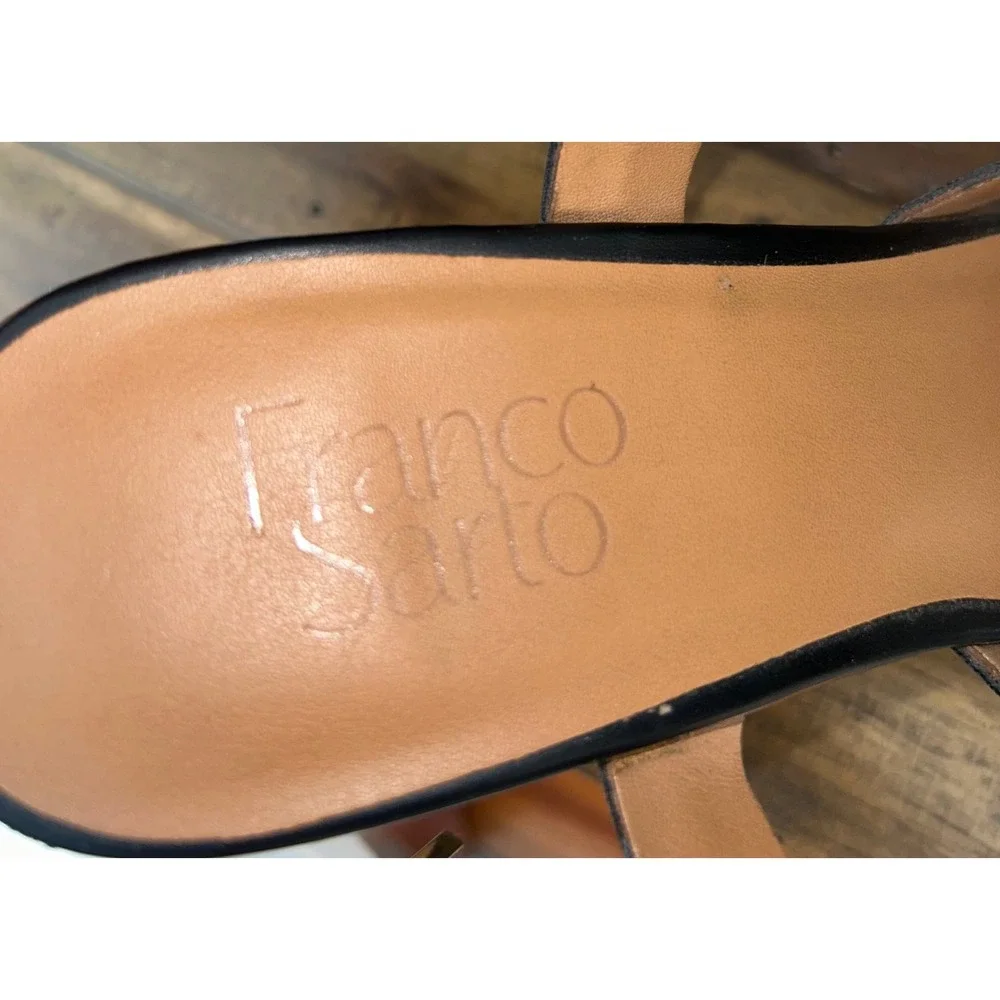 Franco Sarto Black Leather Strappy Raffia Wedge Sandals Ankle Strap Buckle